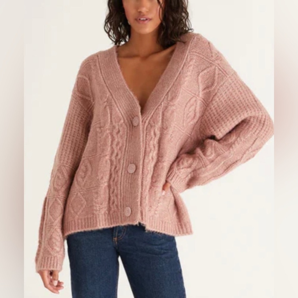 New Z Supply Ryleigh Cable Knit Cardigan Sweater in Sweet Pink | Women’s Small